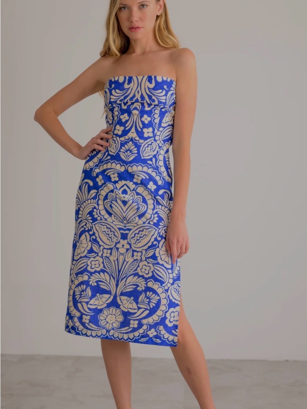 Lavender Brown Blue and Cream Strapless Soraya dress NWT Midi Dress
